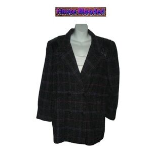 Vintage 80's Boucle Plaid Purple Pink Black Wool Leather Pea Coat Union USA Plus